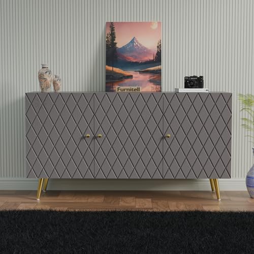 Image of Wooden Sideboard Cabinet for Living Room & Bedroom | Geometric Design Side Board Crockery Cabinet with 3 Doors Storage for Home | HDMR Premium Wood | Golden Metal Legs (Grey)