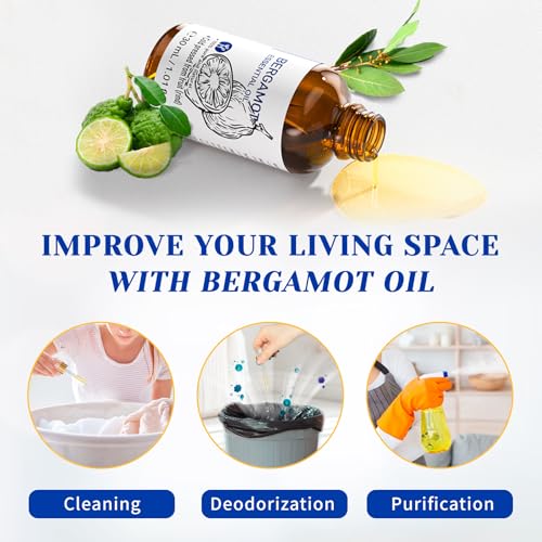 Image of HIQILI Bergamot Essential Oil for Diffuser, Skin, Hair, DIY, 100% Pure & Natural - 1.01 Fl Oz (30 mL)