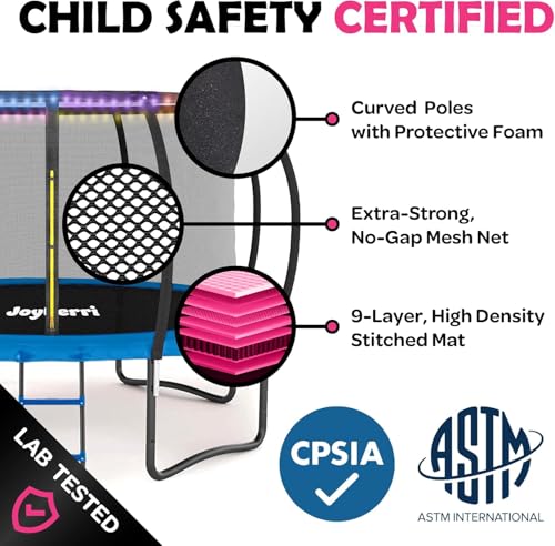 Image of JoyBerri Upsurge Trampoline Outdoor - ASTM Certified Safe 8Ft 10Ft 12Ft 14Ft 15Ft 16Ft Recreational Trampoline for Kids and Adults. Anti-Rust Coating with Enclosure Net, Ladder, Sprinkler & LED Lights