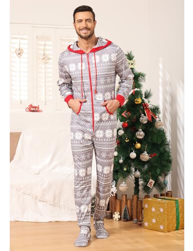 Image of Veseacky Family Christmas Pajamas Matching Sets Adult Onesie Zipper Hooded Footed One-Piece Pjs Jumpsuits