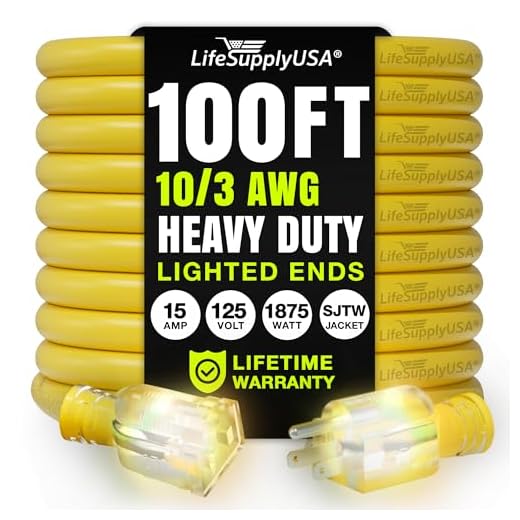 100ft Outdoor/Indoor Extension Cord 10/3 Gauge Ultra Heavy Duty 3 Prong SJTW, Waterproof, Flexible Cold-Resistant Long Power Cord,125 Amp 1875W, Yellow by LifeSupplyUSA