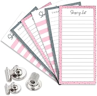 Essentiality 6 Pack Magnetic Shopping List Pads for Fridge with 2 Magnetic Clips (31mm - 50mm) & 1 Single Pen Holder - 80 Tear off Sheets Per Pad - Fridge Magnets Multipurpose Memo Notepads