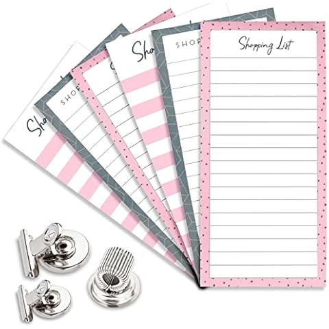 Essentiality 6 Pack Magnetic Shopping List Pads for Fridge with 2 Magnetic Clips (31mm - 50mm) & 1 Single Pen Holder - 80 Tear off Sheets Per Pad - Fridge Magnets Multipurpose Memo Notepads Cover