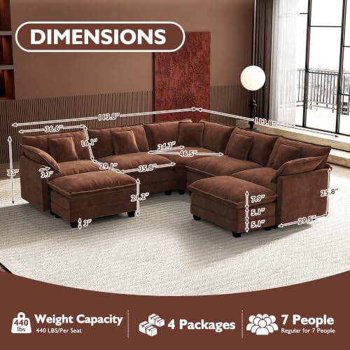 Image of Ihanherry 114 inch V-Shaped Modern Sofa Modular Sectional Luxurious and Comfortable with 2 Ottoman, 7-Seat Chenille Deep Seat Sofa with Corner Section for Living Room, Bedroom and Apartment, Brick Red