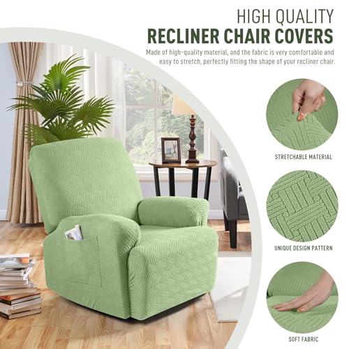 Image of KinCam Recliner Covers, Stretch Reclining Chair Covers, Recliner Sofa Slipcovers Stripe Jacquard Recliner Couch Covers Furniture Protector Covers for Pet Kid (1 Seater, Light Green)