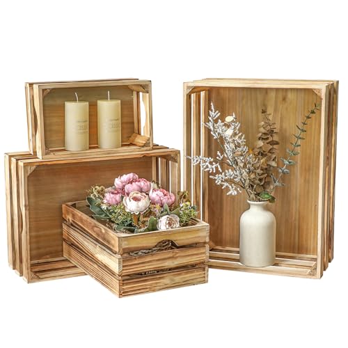 Large Torched Wood Storage Crates Decorative Set of 4 Nesting Wooden Crates for Display Rustic Farmhouse Wooden Storage Container Boxes Made from 100 Wood