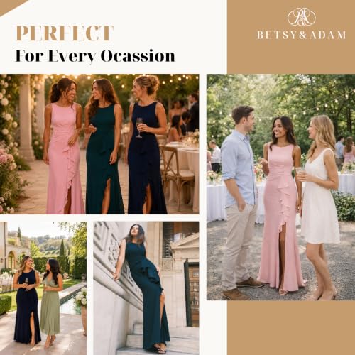 Image of Betsy & Adam Women's Long Bodycon Sleeveless Boat Neck Evening Gown with Side Slit Ruffle
