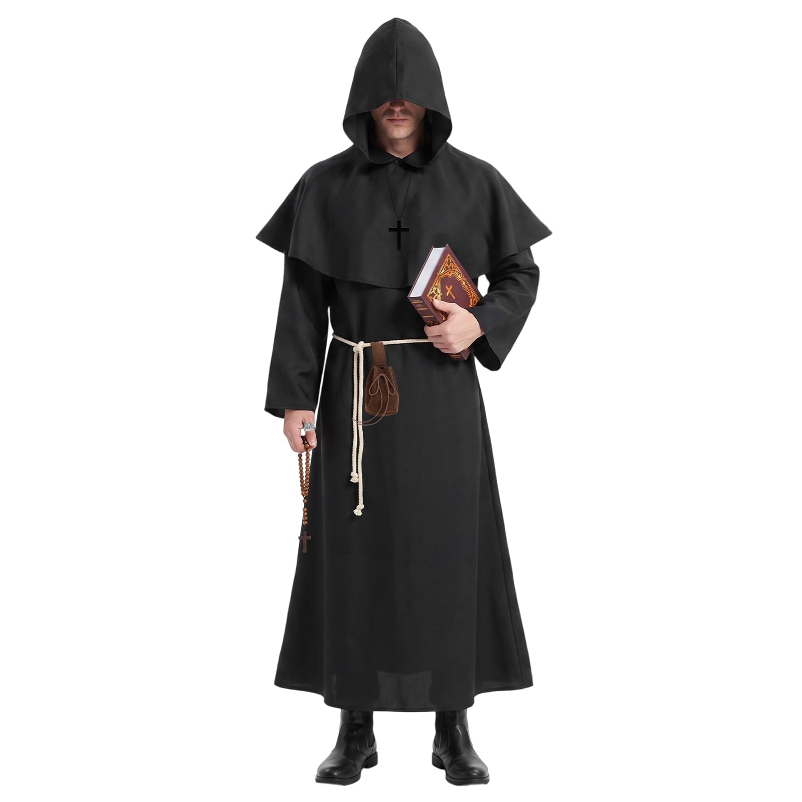 Monk Costume Halloween Costume Men, Medieval Monk's Robe with Hood Cape, Notebooks, Cross Decorations, Ring and Belt Pouch, Renaissance Priest Robe Fancy Dress for Carnival Halloween Cosplay (L)