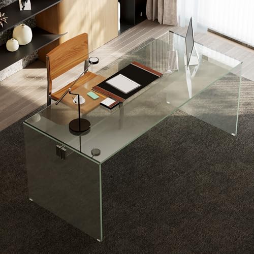 NessCarsti 53.14' Modern Tempered Glass Executive Desk with Drawer, Black Wood Finish and Tempered Glass Legs – Minimalist Stylish Workstation Table for Home Office (Transparent Glass Desk)