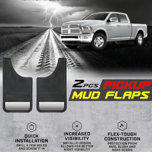 Image of AUTOXBERT Universal Rubber Mud Flaps for Pickups, SUVs, Trucks and Vans | 2PCS Heavy Duty All-Weather Splash Guards with Stainless Steel Night Reflectors, 19 inch x 11 inch, Drilling Required