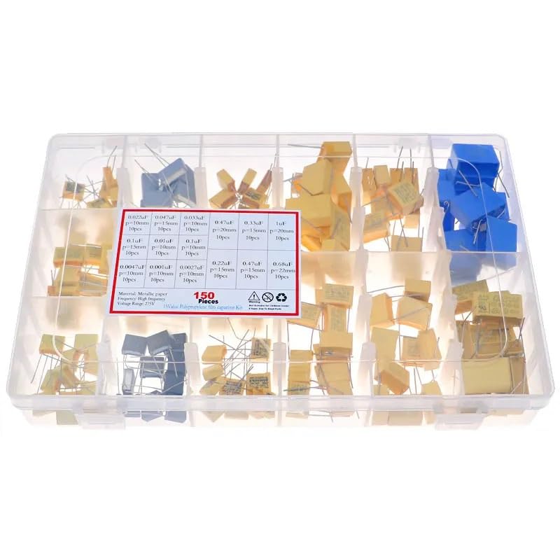 Kit Assortito di condensatori da 150 Pezzi, 150 valori x 10 Pezzi X2 275 V CA, 0,022 uF - 0,68 uF, Set di condensatori Fai da Te in Pellicola di Polipropilene