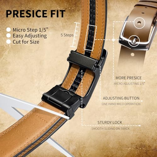 Mens Belts 2 Pack-Ratchet Slide Adjustable Leather Belts for Men, Trim to Fit, Dress&Casual (1 3/8")2