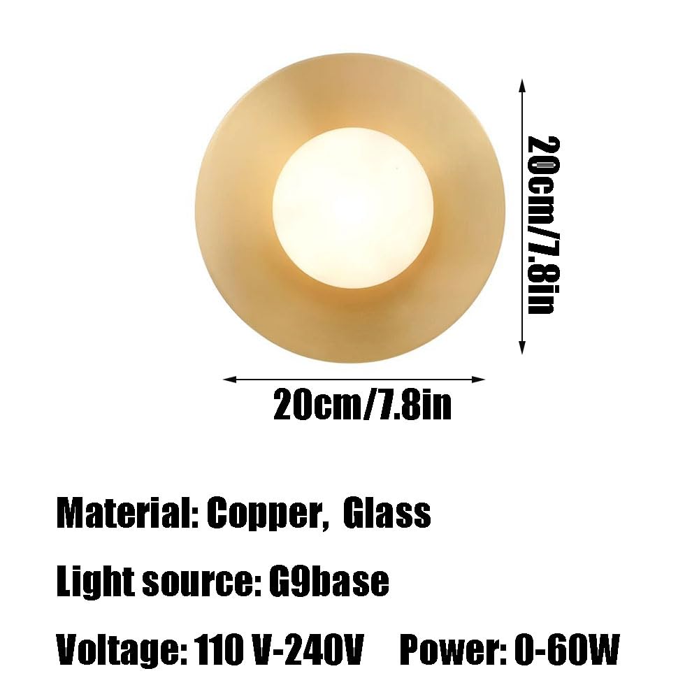 G9 Screw Copper Glass Wall Sconce, Personalized Round Lamp, American Minimalist Style Single-Head Light,Bedroom Living Room Hallway Decorative Lighting Fixtures.