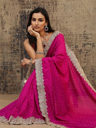 Image of Libas Embellished Silk Blend Saree for Women With Unstitched Blouse Piece | Traditional Saree for Party & Wedding