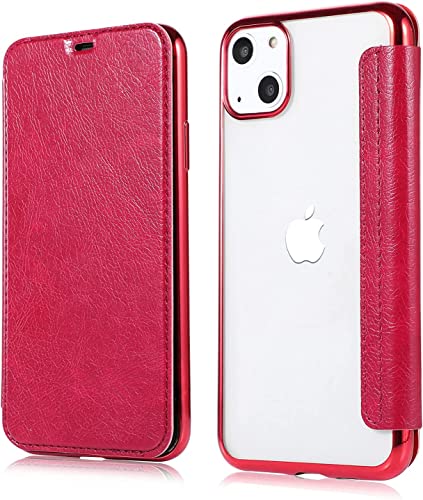 【強化ガラス+リングホルダー付き】ケース・iPhone 14 対応 手帳型 クリア サイドカラー カードポケット付き iPhone14 対応 カバー 背面 透明 (レッド, iPhone 14)