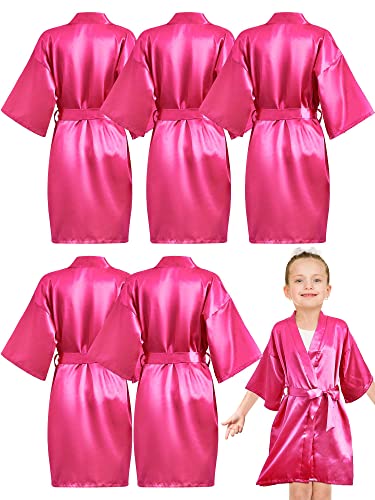 BBTO 6 Pcs Peignoir de Nuit en Satin Robe de Chambre Couleur Unie avec Ceinture Robes Kimono pour Fille (Rose Rouge, Taille 8) Cover