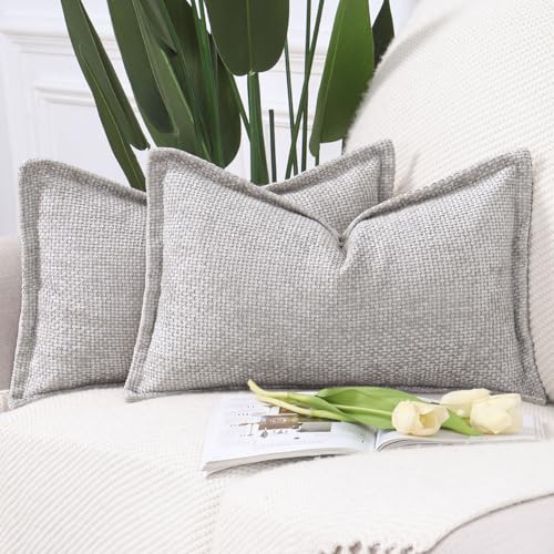 Image of MADIZZ Decorative Chenille Velvet Throw Pillow Covers Set of 2 Soft Boho Textured Neutral Couch Throw Pillow for Bed Modern Farmhouse Home Decor for Sofa Livingroom Oatmeal 12x20 Inch