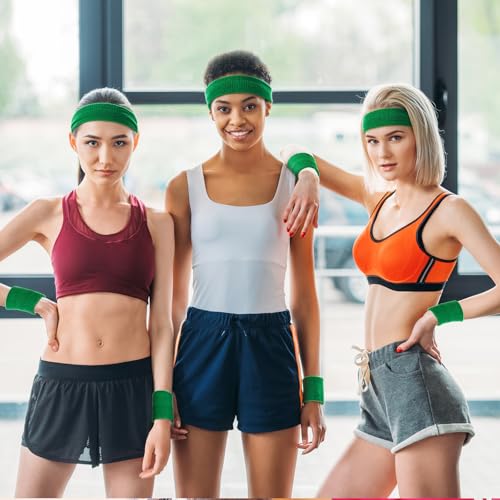 Image of 24 Pieces 80s Neon Sweatbands Set, Include 8 Sports Headbands and 16 Sweat Wristbands Elastic Athletic Tennis Sweat Bands Bulk for Man Woman