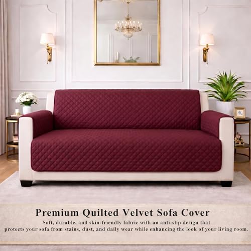 Image of STITCHNEST 'Airsoft Range Series' Solid Quilted Velvet Sofa Cover for 3 Seater | Premium Soft Velvet Sofa Protector | Maroon Diamond Quilted Design with Armrest Pockets | Furniture Cover