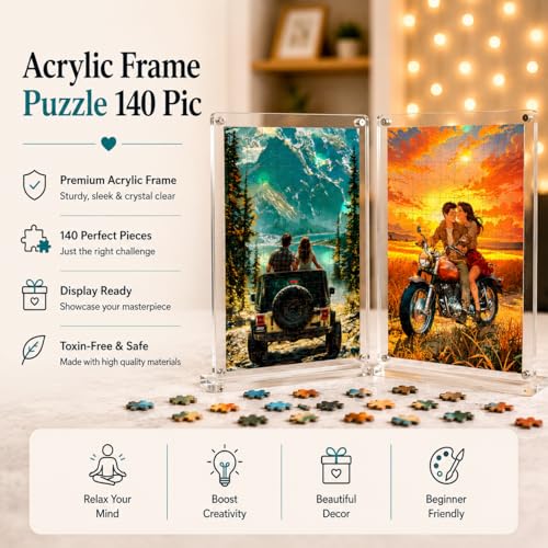 Image of Mini Leaves Couple on a Bike Acrylic Frame Jigsaw Puzzle 140 Pieces | Romantic Desk Decor with Display Frame | Premium Collectible Gift for Couples Friends & Puzzle Lovers