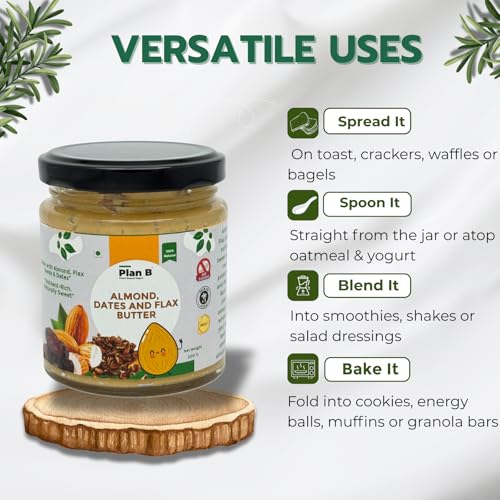 Image of Plan B Almond Butter with Flax Seeds & Dates | 200g Jar | Naturally Sweetened Nut Butter | High Protein | No Added Sugar | Dairy-Free | Gluten-Free Spread