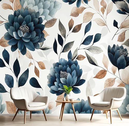 Papel Pintado 300x210cm Fotográfico Peonías Y Ramas Papel de Pared XXL Flores Dibujadas A Mano Póster Gigante de Mural Decoración De Pared para Sala Cuarto Oficina Salón, Azul Oscuro