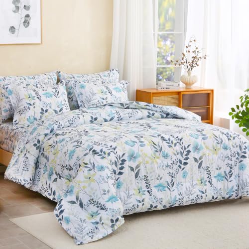 Image of lasoftan Floral Queen Comforter Set with Sheets, 7 piece Luxury Vintage Bedding, Soft Microfiber Bed in a Bag, Cozy Lightweight Bed Set, Grey Yellow Botanical