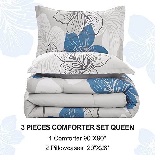 Menghomeus Floral Comforter Set Queen - 3 Piece Blue Floral Pattern Printed On Grey - Ultra Soft Microfiber Bedding Set Lightweight Boho Bed Comforter Set For All Season (1 Comforter, 2 Pillowcases) #TOP6