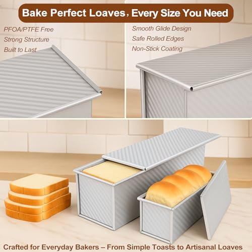 2-Pack Pullman Loaf Pan with Lid –Includes Two Size 13 * 5" & 8.4 * 4.8" Loaf Pan, Silver Textured Finish, Vented Bottom, Nonstick Bread Pan Set, Ideal for Sandwich Bread, Toast, Sourdough - Thumbnail 5