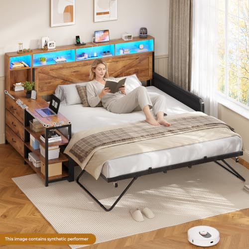 Image of MSmask Daybed with Trundle & 3 Storage Drawers, Full Size DayBed Frame with Headboard & Charging Station, Farmhouse Wooden Bed Frame with LED for Bedroom and Guest Room, Rustic Brown