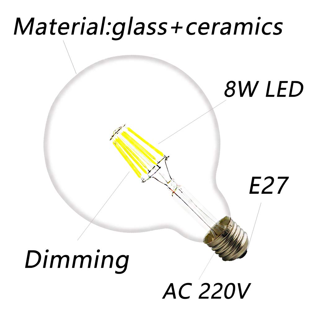 20 unidades – 220 V G125 LED Bombilla Filamento, transparente (Vidrio, E27, 8 W equivalentes a 60 W), 650LM, DIMM Bar fresco blanco 6000 K, ángulo de haz de 360 °, 16.5 x 12.5 x 12.5 cm
