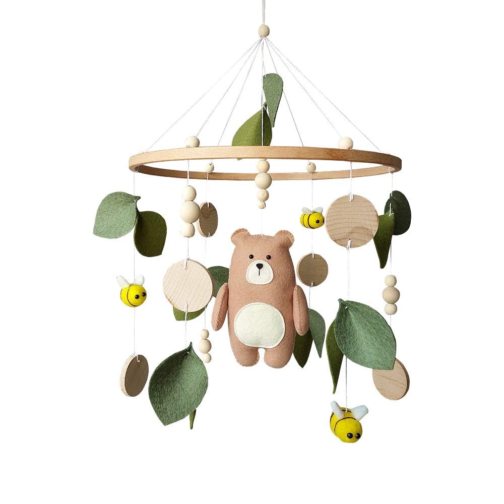 Wald Baby Mobile mit Bär, Bienen & Blättern – Handgemachtes Filz Mobile – Neutrale Babyzimmer Deko – Geschenk zur Geburt oder Babyparty – Woodland Deko für Jungen & Mädchen