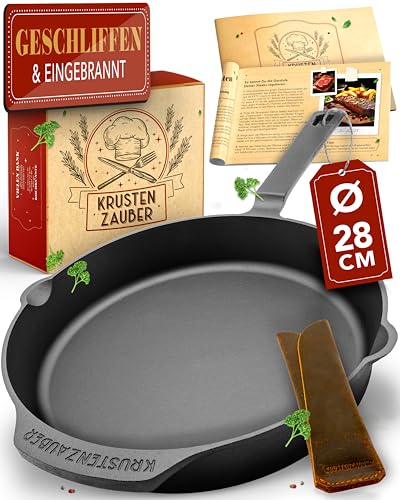 KRUSTENZAUBER Gusseisenpfanne Induktion 28cm inkl. Anleitung und Rezeptbuch - Geschliffene Pfanne Gusseisen, Eisenpfanne, Cast Iron Pan, Gusspfanne, Gusseiserne Pfanne,...