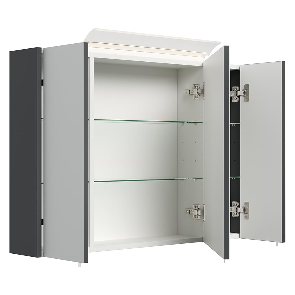 Lomadox Badezimmer Spiegelschrank 90cm, 3-türig, grau mit LED-Aufsatzleuchte, Glasböden, 3D-Funktion, Kombibox (Steckdose mit Schalter)