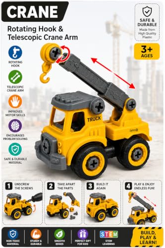 Image of TEC TAVAKKAL 4 in 1 Construction Vehicle Toys for Kids, DIY Assembly Engineering Truck Set with Screwdriver, Crane, Excavator, Missile Launcher & Fire Truck, Educational Toy (Set of 4 Vehicle Toys)