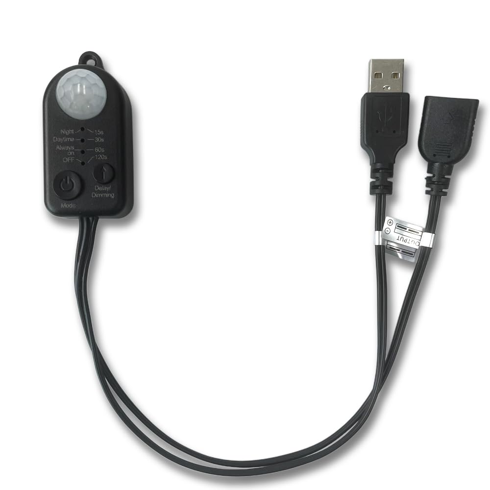 3in1 On/Off Switch Cable+PIR Motion Body Sensor Switch+LED PWM Dimmer with Light Sensing Detection Time Delay Function for DC 5V-24V LED Strip DIY Lighting Camera (Black, USB Connector)