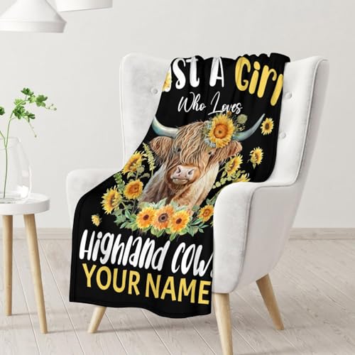 Personalized Highland Cow Blanket Gifts with Name - 30x40 Inches Cute Throw Blanket for Girls - Black Soft Fuzzy Blankets for Couch & Office