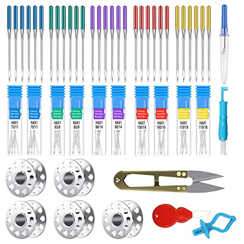 MONCAP 40 Stücke Nähmaschinennadeln Set Universell Nähmaschine Nadel Maschinennadeln mit Einfädler Nähmaschine-Spule Schere Nadeldicke 9/11/14/16/18 für Haushalt Nähen Cover