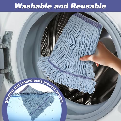 Image of Commercial Heavy Duty Mop Heads Replacement: 6 Pack Industrial Wet Reusable Mop Head for Floor Cleaning, Washable Refills Blue Cotton Looped End String Mopheads for General Maintenance
