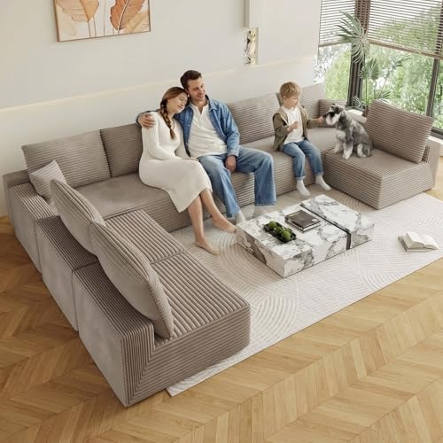 Image of Oversized Modular Sectional Sofa Couch, Large 8 Seater Corner Sofa Modern U Shaped Sectional Couch Cloud Couches for Living Room, Office, Spacious Space, Corduroy, No Assembly Required, Camel
