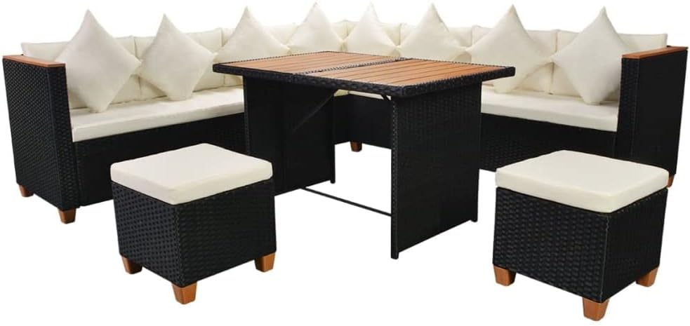 vidaXL Patio Furniture Set 7 Piece, Patio Conversation Set with Cushions, Outdoor Sectional Sofa with Coffee Table for Garden, Poly Rattan Black