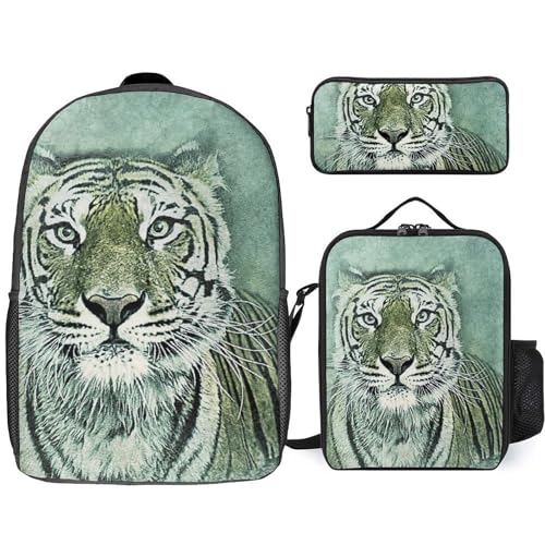 Tiger Pattern Classic Backpack Lunch Bag Pencil Case 3 Piece Set Travel Daypack