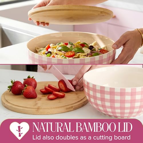 Image of Paris Hilton Serving Bowl with Bamboo Lid, Stoneware Salad Bowl with Pink Gingham Print Exterior, Lid Doubles as Cutting Board, 10-Cup, Pink