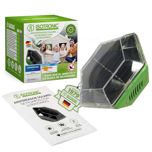 ISOTRONIC Ahuyentador ultrasónico y solar contra palomas, gorriones, gaviotas, cuervos, gatos | Con ultrasonidos y flash | Espanta gatos y aves | Apto para balcónes, jardínes, terrazas y cultivos