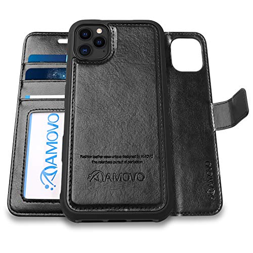 AMOVO Compatible with iPhone 12 Pro/iPhone 12 Wallet Case Detachable [Vegan Leather] [Hand Strap] [Card Slot] [Stand Feature] Flip Folio Phone Case Compatible with iPhone 12/iPhone 12 Pro (Black)