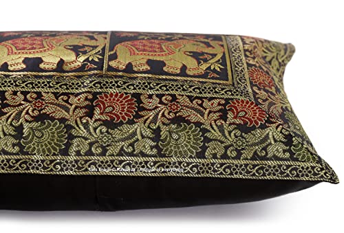 Image of Ravaiyaa - Attitude is everything Banarasi Brocade Silk Pillow Cover Elephant Design Cushion Pillow Sham Case Home Decorative Set of 2 Piece 12 inch X 20 inch Inch