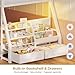 ADORNEVE Low Bunk Bed Twin Over Twin with Sling Bookshelves, Storage Drawers & Power Outlet, LED Metal Floor Bunk with Full-Length Guardrail & Metal Slats, No Box Spring Needed, for Kids, White