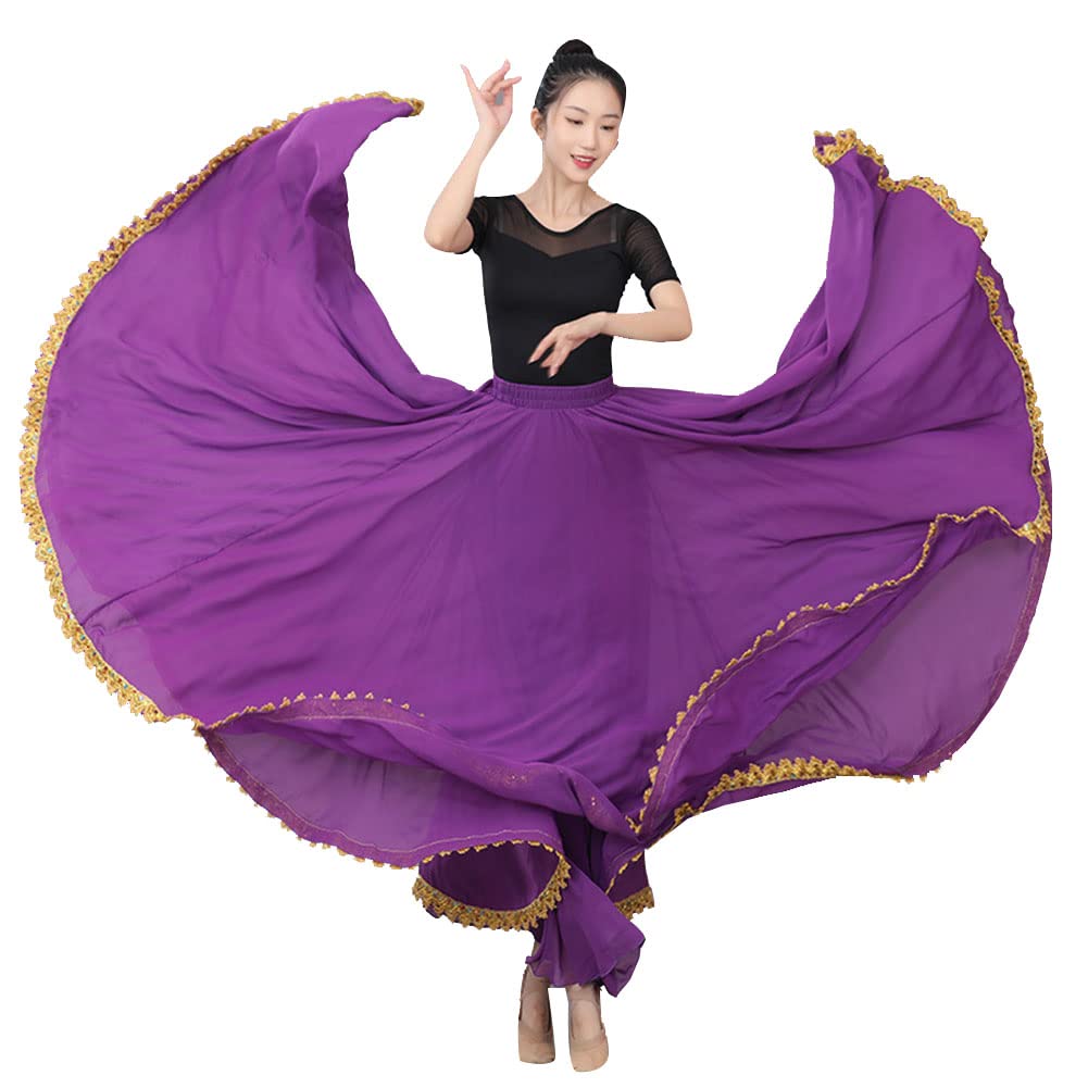 GUOCU Femme Jupe Carnaval de Danse de Salon Moderne 720 degrés Taille Haute Jupe Longue Danse du Ventre Ethnique Jupe Fluide de Danse en Mousseline avec Bordures à Sequins