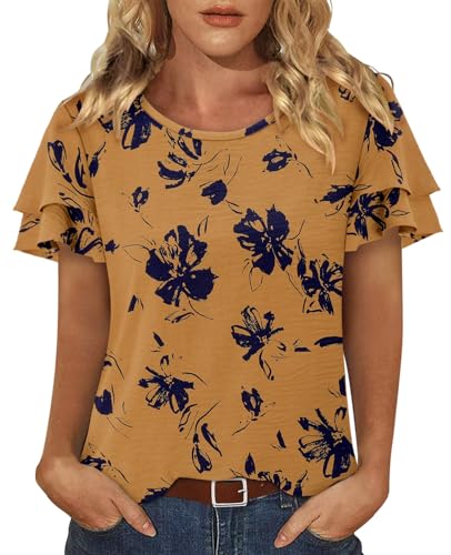 CRAZY GRID Women's Shirts Summer Casual Crewneck Ruffle Short Sleeve Blouses Cute Floral Print Tunic Tops