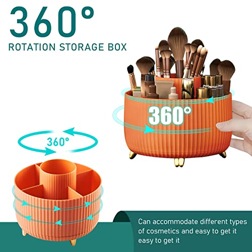 Image of Diesisa 360 Rotating Makeup Brush Organizer With 5 Sections, Spining Countertop Swivel Makeup Brush Holder for Cosmetics, Nail Polish, Art Supply, Bathroom Vanity Desktop Organizer - Orange